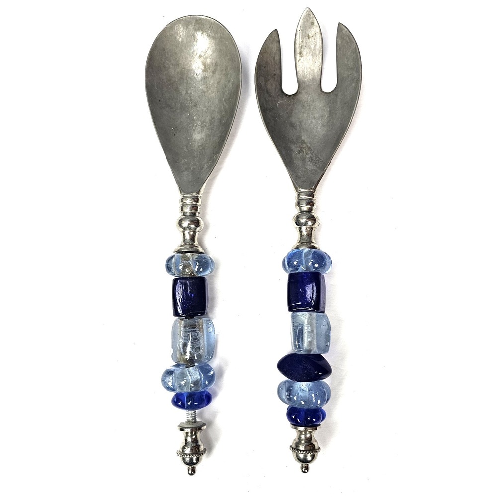 Vintage Beaded Blue Green Glass Salad Server Set or Crafting Beads